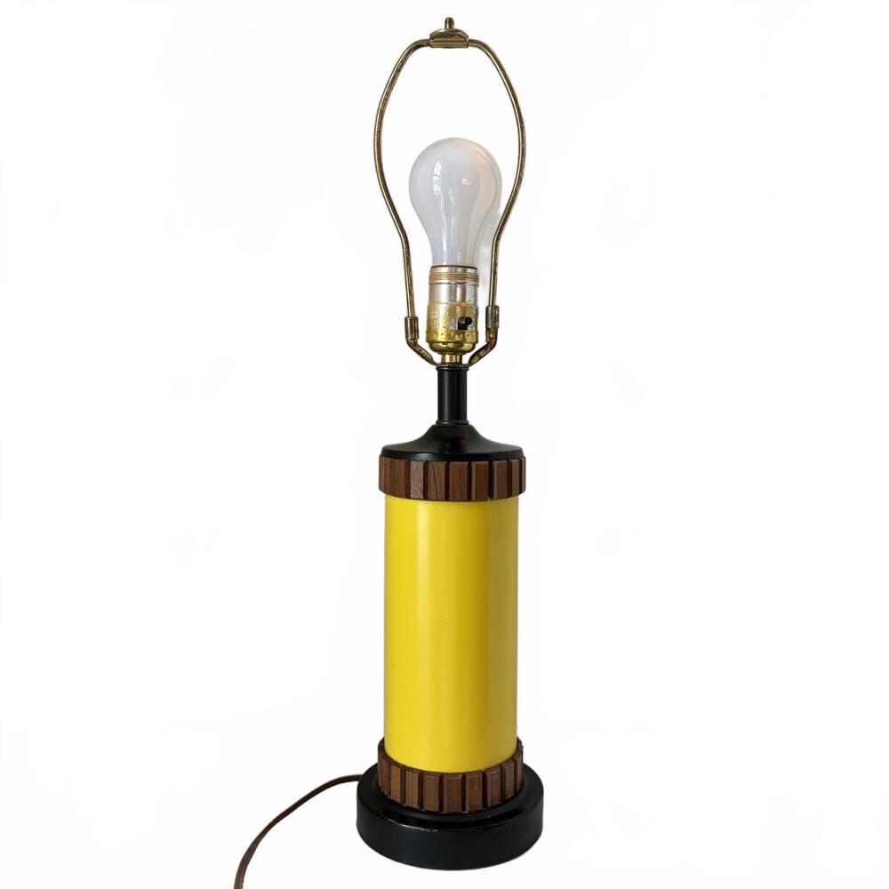 1960s Gruvwood table lamp with a yellow cylinder and wood accents
